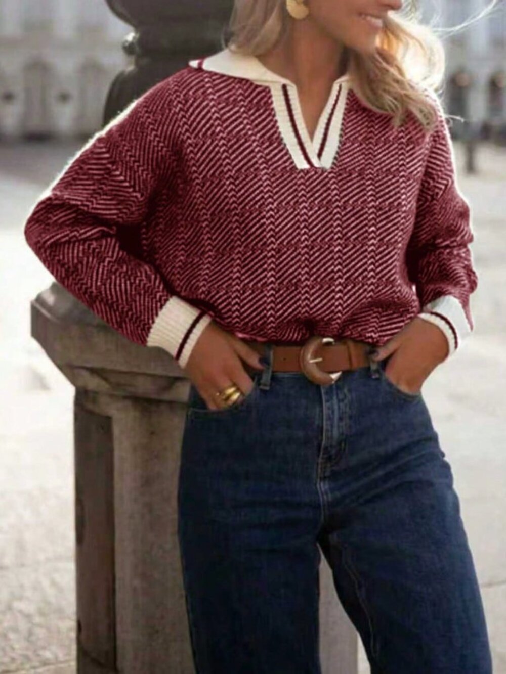 Minimalist Cute Women's Medium Elasticity V-Neck Pullover Sweater